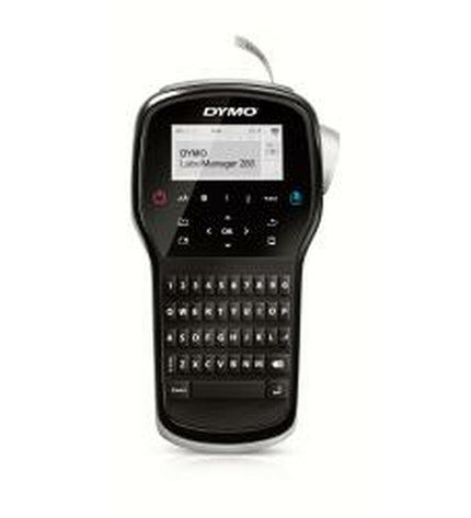 Dymo handmatige labelmachine for office use, compact and black, with label tape loaded for easy printing.