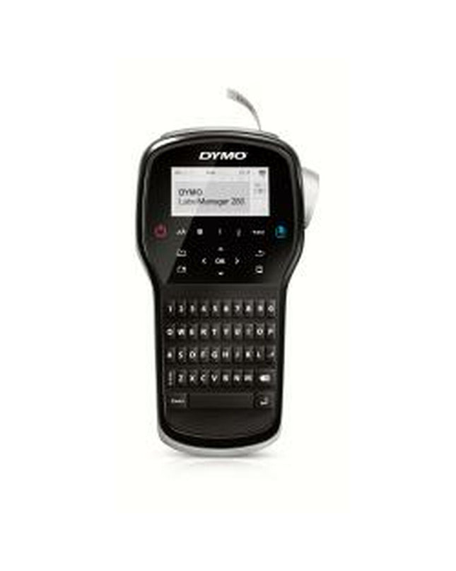 Dymo handmatige labelmachine for office use, compact and black, with label tape loaded for easy printing.