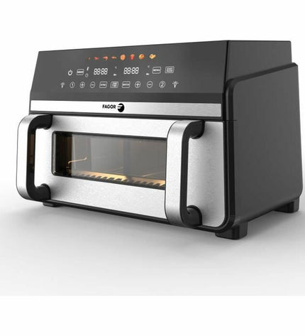 Fagor frituurmachine for home cooking, compact electric deep fryer with stainless steel exterior and control knob.