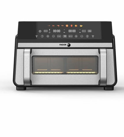 Fagor frituurmachine for home use, compact electric deep fryer with control panel and heating element, in a modern kitchen setting.