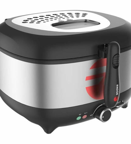 Fagor FG2310 small electric deep fryer for home cooking, black and silver kitchen appliance with fry basket and control panel