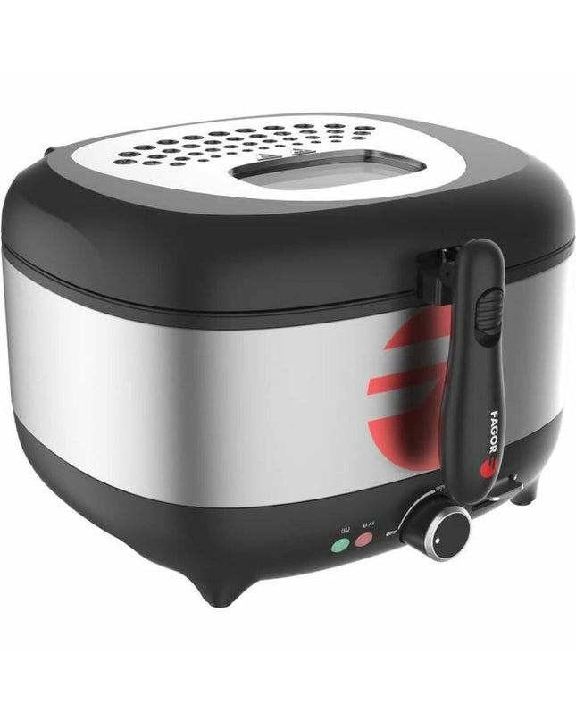 Fagor FG2310 small electric deep fryer for home cooking, black and silver kitchen appliance with fry basket and control panel