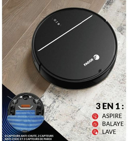 Fagor FGR200 robot stofzuiger on a hardwood floor, demonstrating its compact design and cleaning capabilities.
