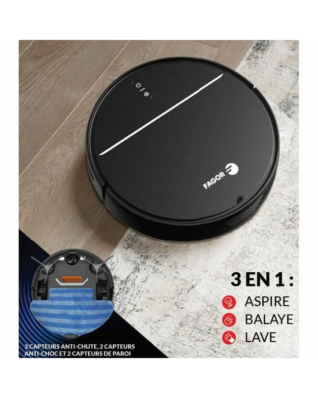 Fagor FGR200 robot stofzuiger on a hardwood floor, demonstrating its compact design and cleaning capabilities.