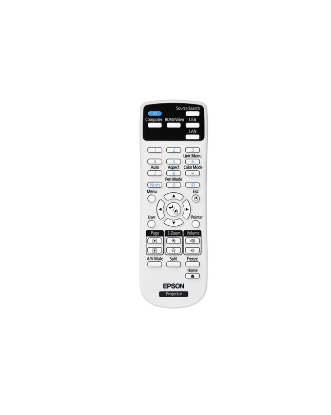 Epson EB-685WI WXGA projector displaying a colorful image on a screen, with control buttons and sleek design visible.