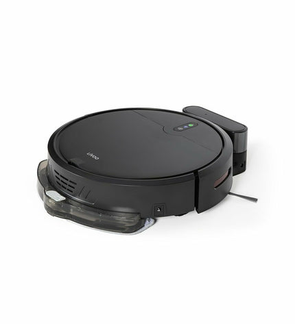 Livoo WASH'UP robot stofzuiger for huis en koken, sleek black design with sensors and cleaning brushes visible.
