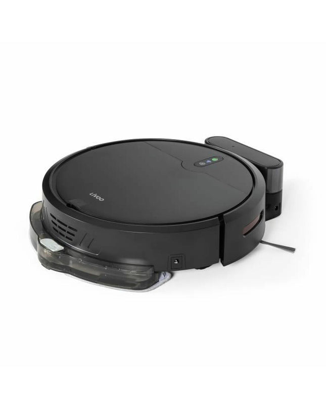 Livoo DOH145 WASH'UP robot vacuum cleaner on a hardwood floor, showcasing its compact design and cleaning features.