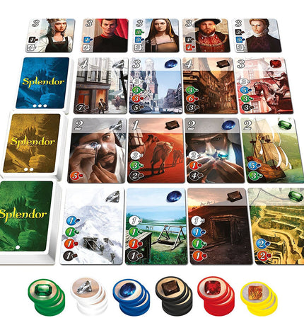Asmodee Splendor board game with colorful gem tokens and game cards for strategic play and family fun.