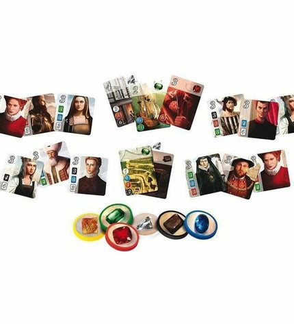 Asmodee Splendor board game with colorful gem tokens and game cards, laid out on a wooden table for family play.