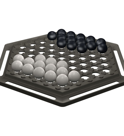 Asmodee Abalone board game with black and white marbles on a hexagonal game board, ready for two players.
