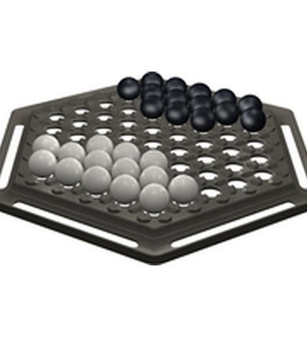 Asmodee Abalone board game with black and white marbles on a hexagonal game board.