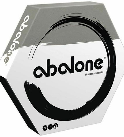 Asmodee Abalone board game with black and white marbles on a wooden game board, used for strategic two-player gameplay.