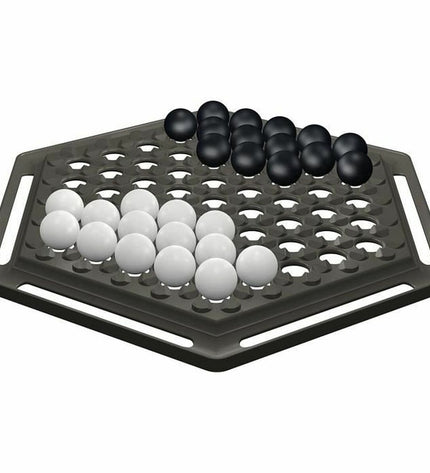 Asmodee Abalone marble board game with black and white marbles on a wooden game board.