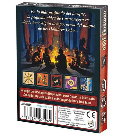 Educatief Los Hombres Lobo de Castronegro spel by Asmodee, featuring colorful game components and character cards on a game table.