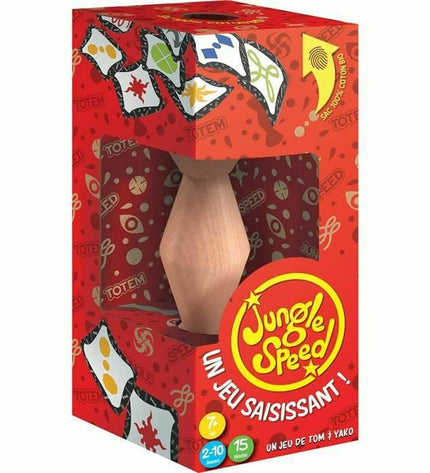 Asmodee Jungle Speed board game with colorful wooden totem and game cards on a table, ready for play.