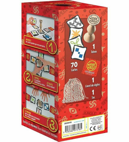 Asmodee Jungle Speed game, colorful wooden totem and cards, for fun family and party gameplay in a vibrant setting.