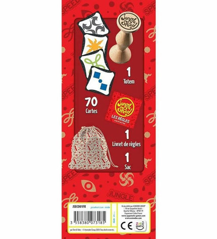 Asmodee Jungle Speed game with colorful wooden totem and cards, ideal for kids' and family game nights.