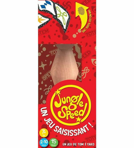 Asmodee Jungle Speed game with wooden totem and cards, colorful design for fast-paced matching and reflex game fun.