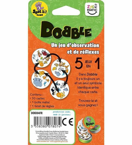 Asmodee Dobble Kids game with colorful circular cards featuring animals and symbols for fun, family-friendly matching gameplay.