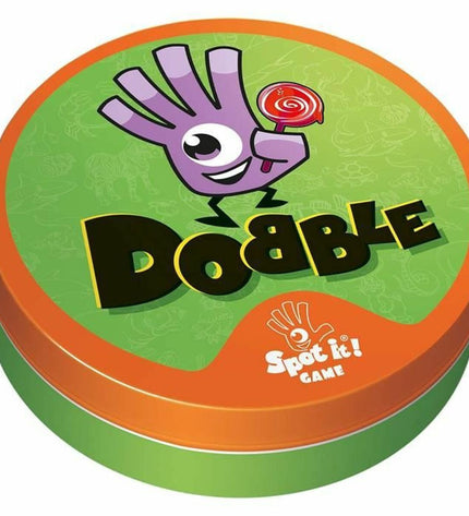 Asmodee Dobble Kids game with colorful circular cards featuring fun cartoon images for children.