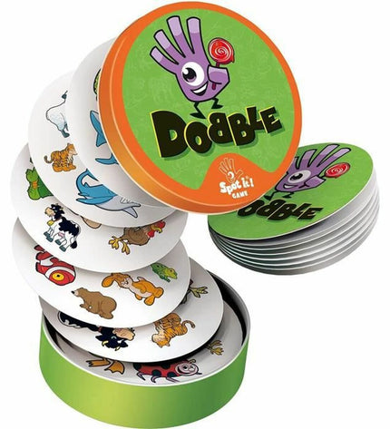 Asmodee Dobble Kids game with colorful circular cards and game components for children’s matching and quick reflexes.