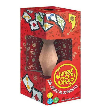 Jungle Speed game by Asmodee, colorful wooden totem and cards for fast-paced family game play.