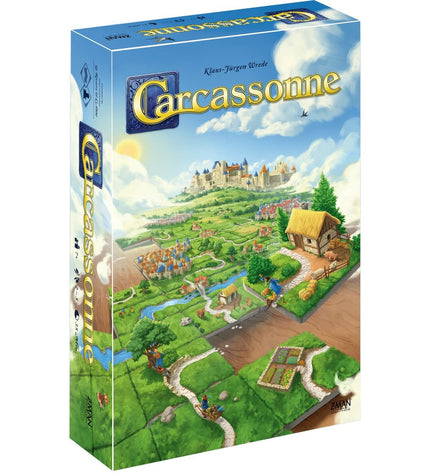 Asmodee Carcassonne board game with illustrated tiles and game pieces on a wooden table, ready for gameplay.