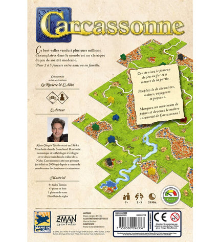 Asmodee Carcassonne board game with colorful tiles and game pieces for family fun and strategic gameplay.