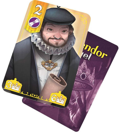 Asmodee Splendor Duel board game for two players with colorful cards and game pieces on a wooden surface.