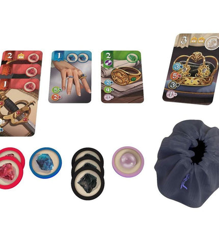 Asmodee Splendor Duel board game with colorful game pieces and cards for two players, laid out on a table.