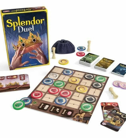 Asmodee Splendor Duel board game with colorful cards and game pieces for two players, laid out on a table.