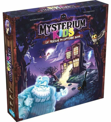 Asmodee Mysterium Kids: Le Trésor du Capitaine Bouh board game with colorful illustrated game pieces and treasure map for children.
