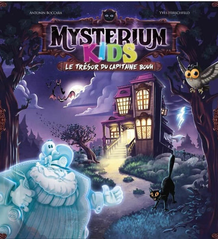 Asmodee Mysterium Kids: Le Trésor du Capitaine Bouh board game with colorful game pieces and illustrations for children.