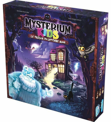 Asmodee Mysterium Kids: Le Trésor du Capitaine Bouh Frans board game with colorful illustrated game components and cards.