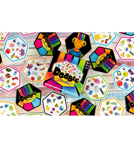 BigBuy Fun Dobble Connect game for kids, featuring colorful circular cards with matching symbols for fast-paced matching fun.