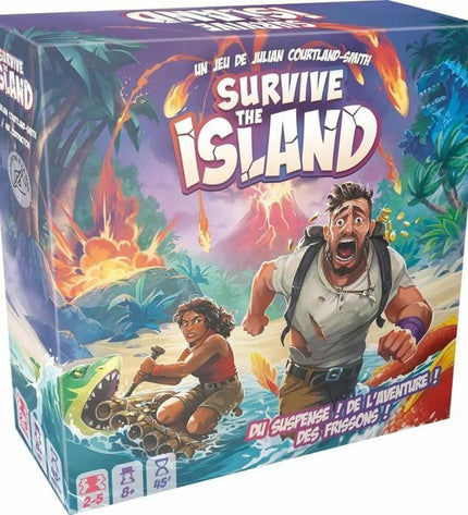 Asmodee Survive The Island board game with colorful game pieces and island-themed components for family fun and strategic gameplay