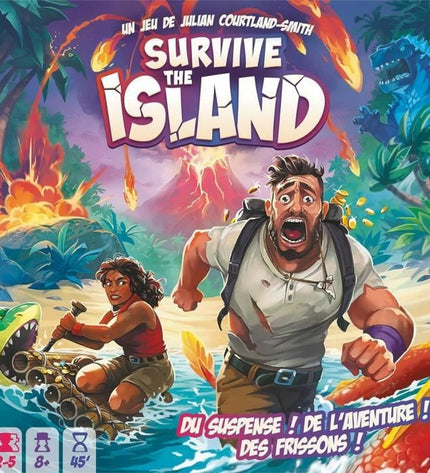 Asmodee Survive The Island board game with colorful game pieces and island-themed components for family fun.