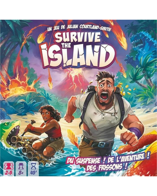 Asmodee Survive The Island board game with colorful game pieces and island-themed components for family fun.