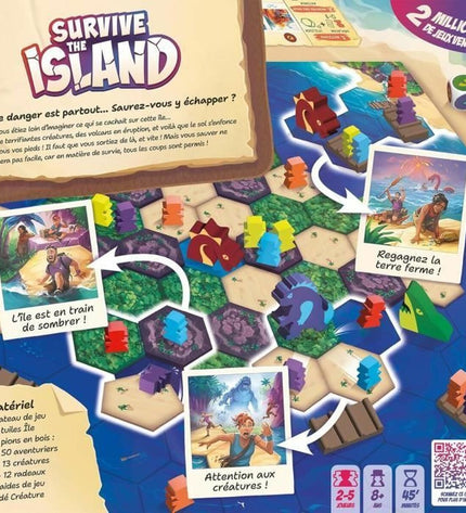 Asmodee Survive The Island board game with colorful cards and game pieces, designed for fun outdoor survival adventure.