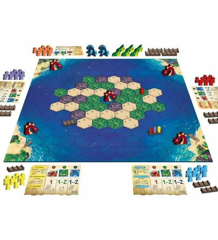 Asmodee Survive The Island board game with colorful island-themed pieces and cards for family adventure gameplay.