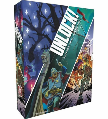 Asmodee Unlock escape room game with colorful card and puzzle pieces for family and friends entertainment