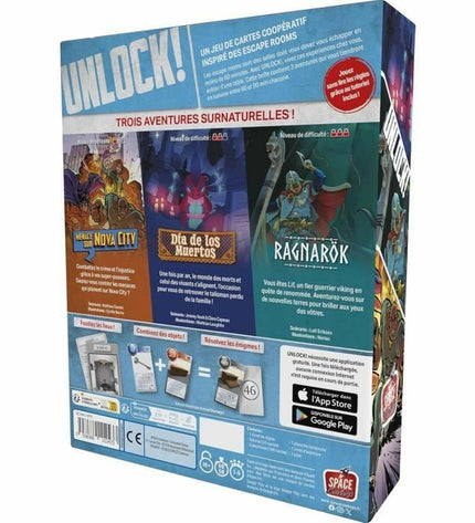 Asmodee Unlock board game with colorful cards and game components for puzzle-solving and adventure gameplay.