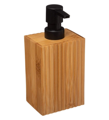 Black bamboo soap dispenser from 5five Simply Smart, designed for bathroom and kitchen with a sleek, modern wood finish.
