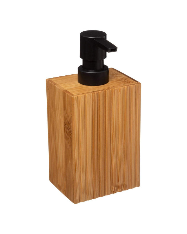 Black bamboo soap dispenser from 5five Simply Smart, designed for bathroom and kitchen with a sleek, modern wood finish.