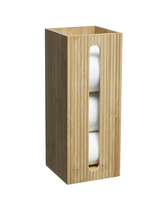 5five Simply Smart bamboo toilet paper holder mounted on bathroom wall in a modern home bathroom setting