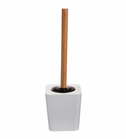 White 5five Simply Smart Natureo toilet brush with natural-colored handle and holder, designed for bathroom cleaning.