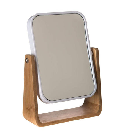 White Natureo mirror with support, 22x16x6 cm, designed for bathroom use, by BigBuy Beauty, shown mounted on a bathroom wall.