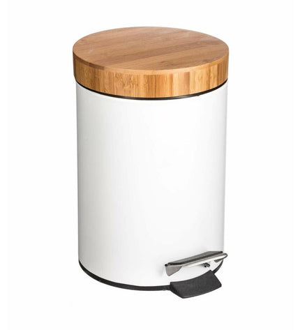 5five Simply Smart Natureo 3L white pedal trash can in a kitchen setting with open lid showing interior