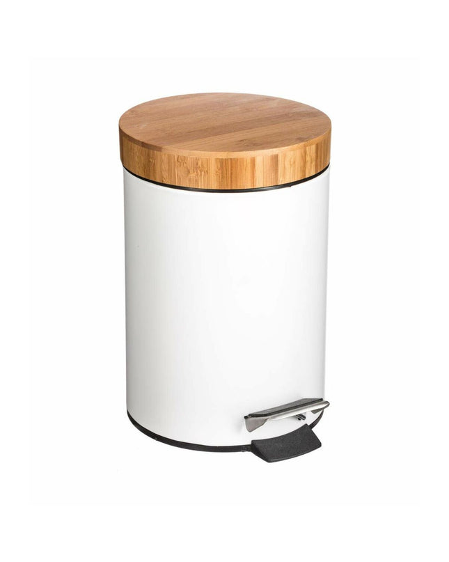 5five Simply Smart Natureo 3L white pedal trash can in a kitchen setting with open lid showing interior