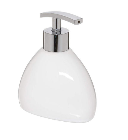 White porcelain 5five Simply Smart soap dispenser for bathroom and kitchen, sleek and modern design.
